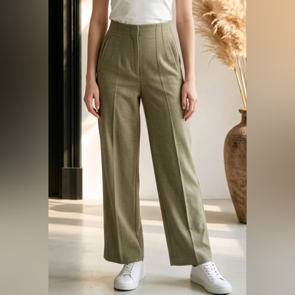 Zara SZ M Olive Green Linen Blend Wide Straight Leg Pants Hip Pockets
